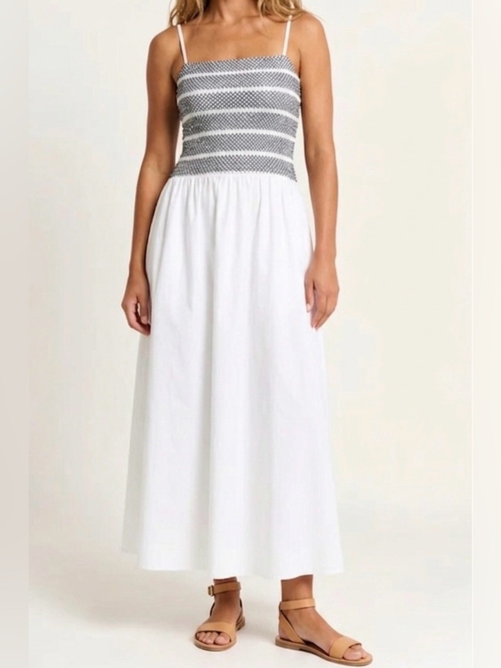 Modenaire Smocked Bodice A-Line Maxi Dress White 100% Cotton‎